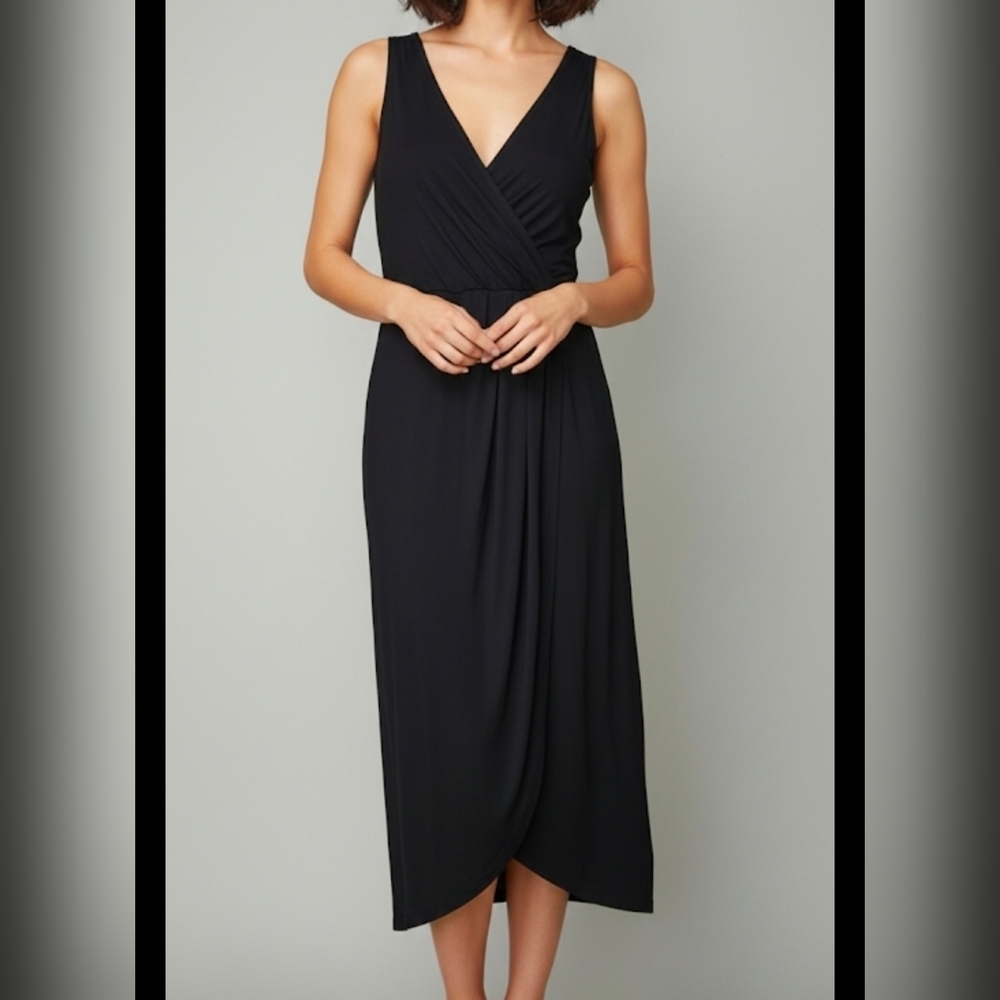 Maeve Anthropologie Mayer Midi in Black Stretch Jersey Faux Wrap Dress XS
